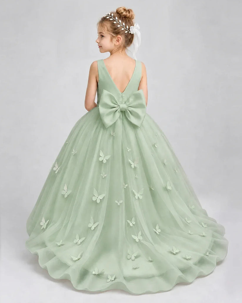 Sage Green Tulle Ball Gown Pageant Dress Back View