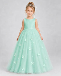 Turquoise Pageant Dress 3D Butterfly Applique Bow Back Tulle Ball Gown Front View