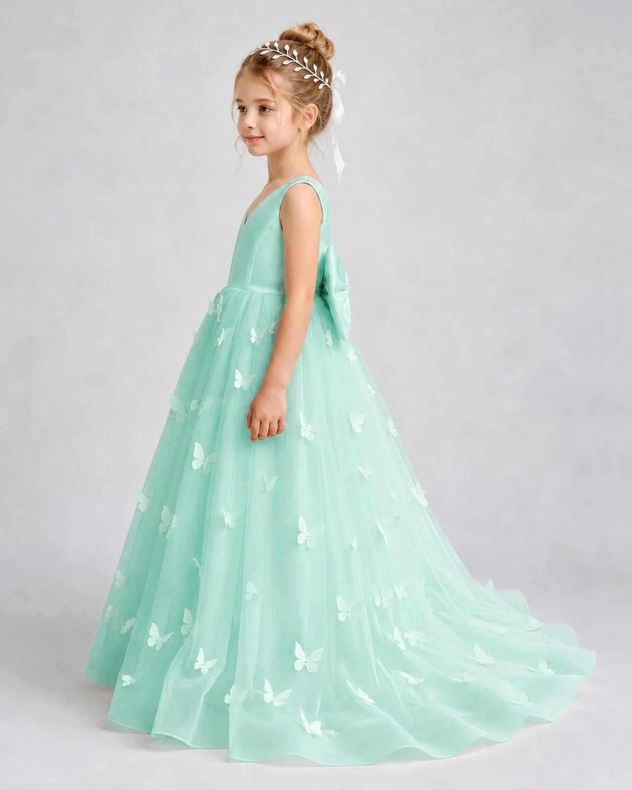 Turquoise Pageant Dress 3D Butterfly Applique Bow Back Tulle Ball Gown Side View