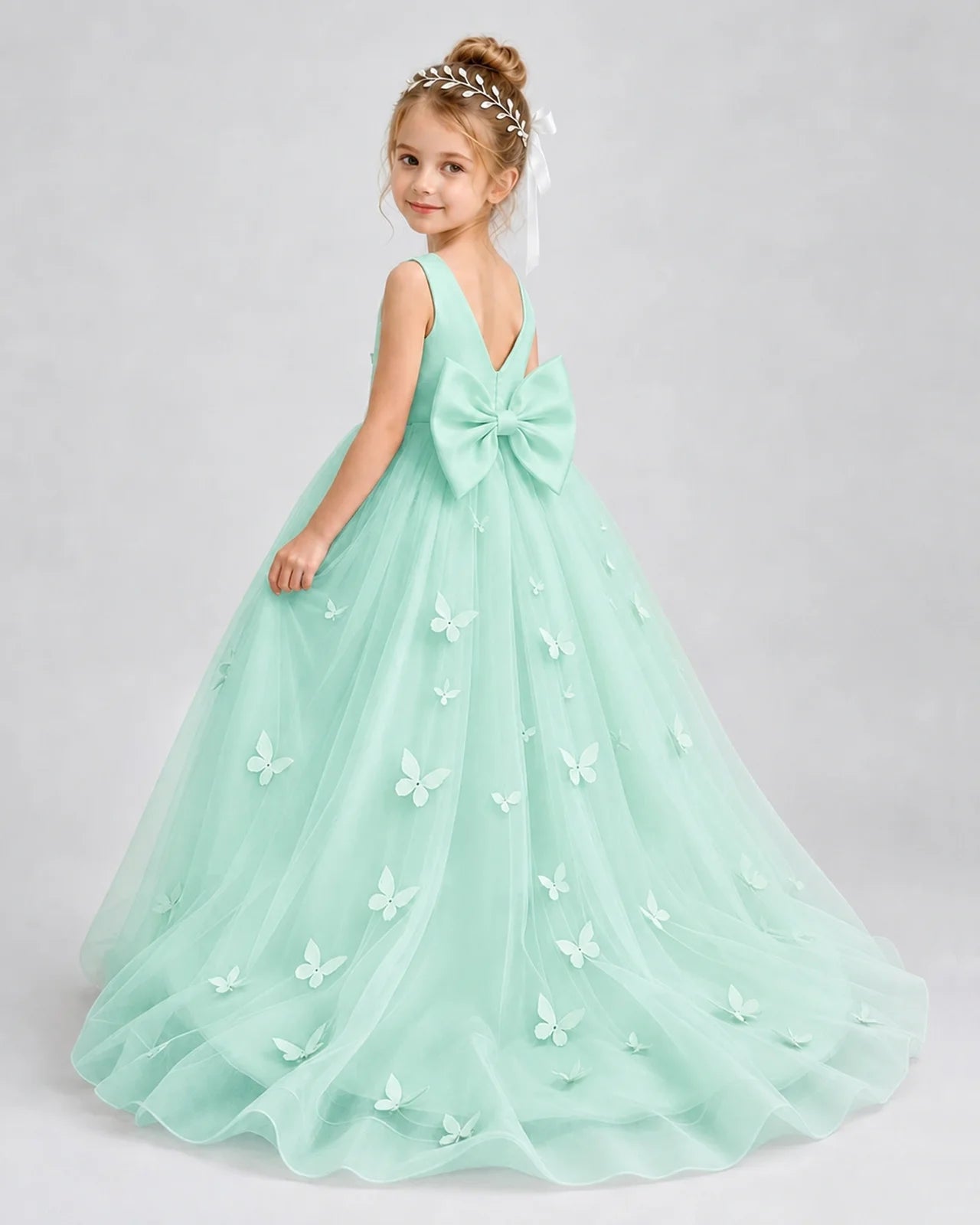 Turquoise Pageant Dress 3D Butterfly Applique Bow Back Tulle Ball Gown Back View