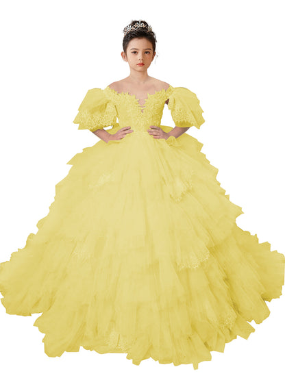 Flower Girl Dresses Lace Appliqued Puffy Sleeves Floor Length Long Train Princess Dresses