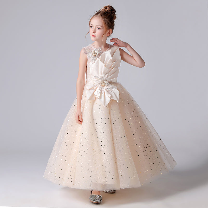 Junior Champagne Communion Dresses Girls Princess Pageant Dresses Sequin Tulle Formal Dresses For Teens Floor Length