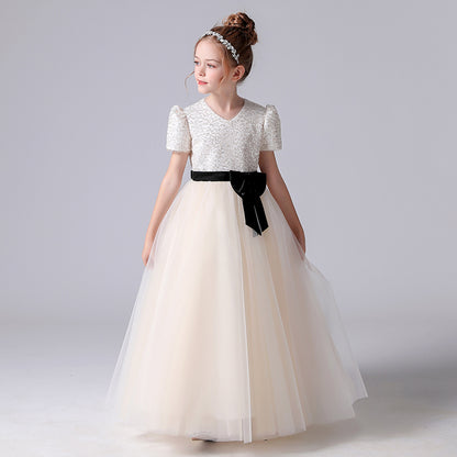 Girls First Communion Dresses V-Neck Champagne Formal Dresses For Junior Sequin Birthday Party Dresses Floor Length