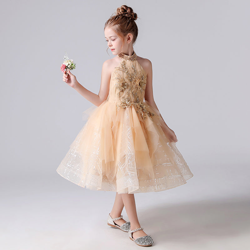 Gold Flower Girl Dress Junior Brithday Party Dresses Tulle Pageant Dress For Girls Off The Shoulder