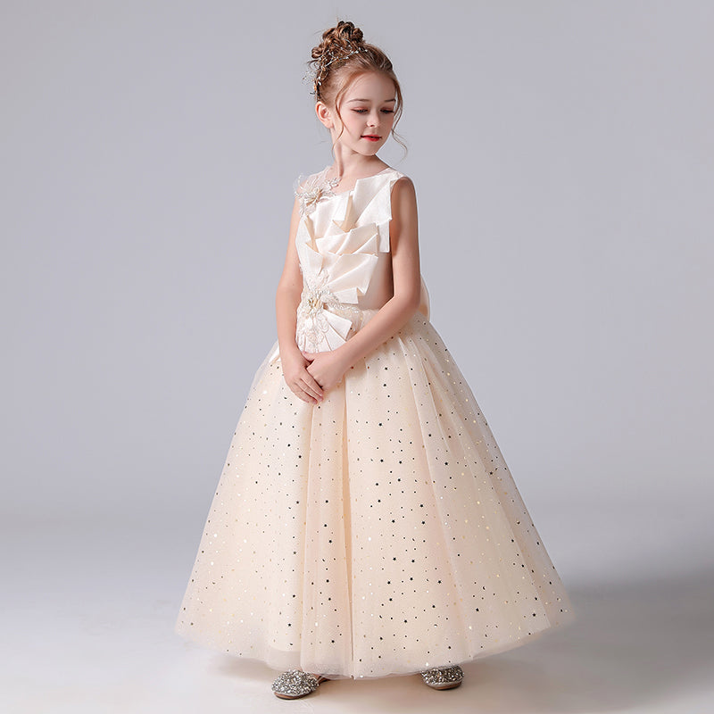 Junior Champagne Communion Dresses Girls Princess Pageant Dresses Sequin Tulle Formal Dresses For Teens Floor Length