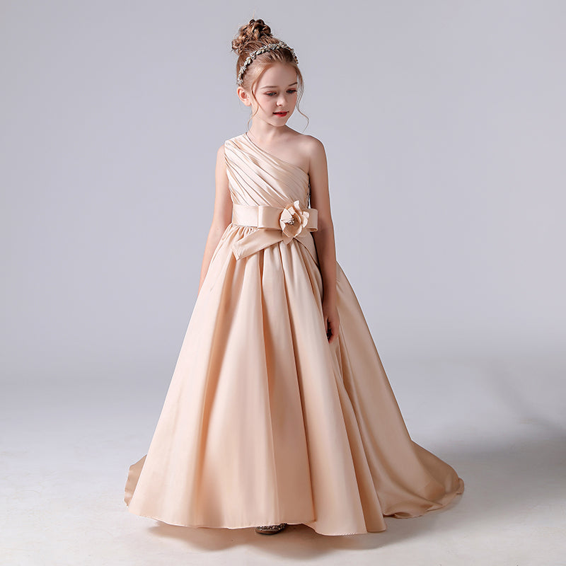 Girls Pageant Dresses One Shoulder Sleeveless Formal Satin Flower Girls Dress for Wedding Princess Ball Gown Flower Belt Dress