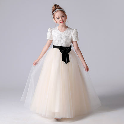 Girls First Communion Dresses V-Neck Champagne Formal Dresses For Junior Sequin Birthday Party Dresses Floor Length