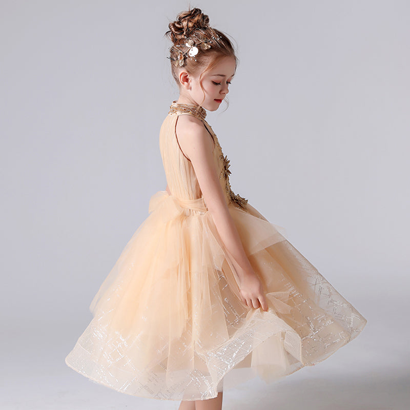 Gold Flower Girl Dress Junior Brithday Party Dresses Tulle Pageant Dress For Girls Off The Shoulder