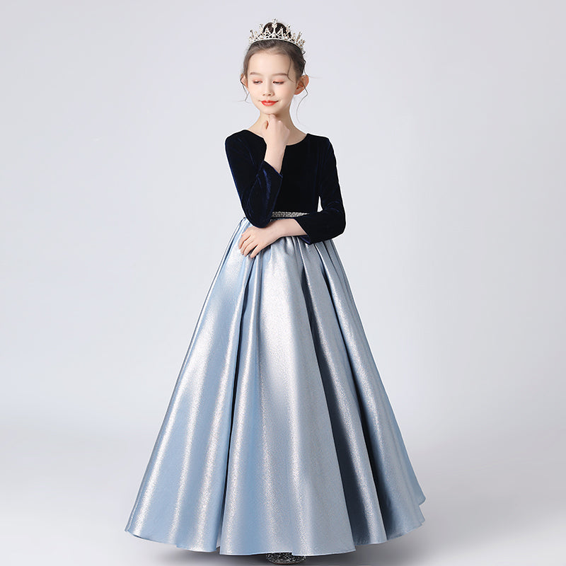 Crew Neck Girls Formal Dresses Princess Long Gown For Teen Girls Blue Pageant Evening Dresses Long Sleeve