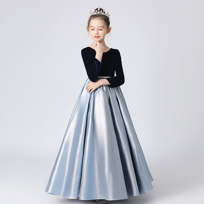 Crew Neck Girls Formal Dresses Princess Long Gown For Teen Girls Blue Pageant Evening Dresses Long Sleeve