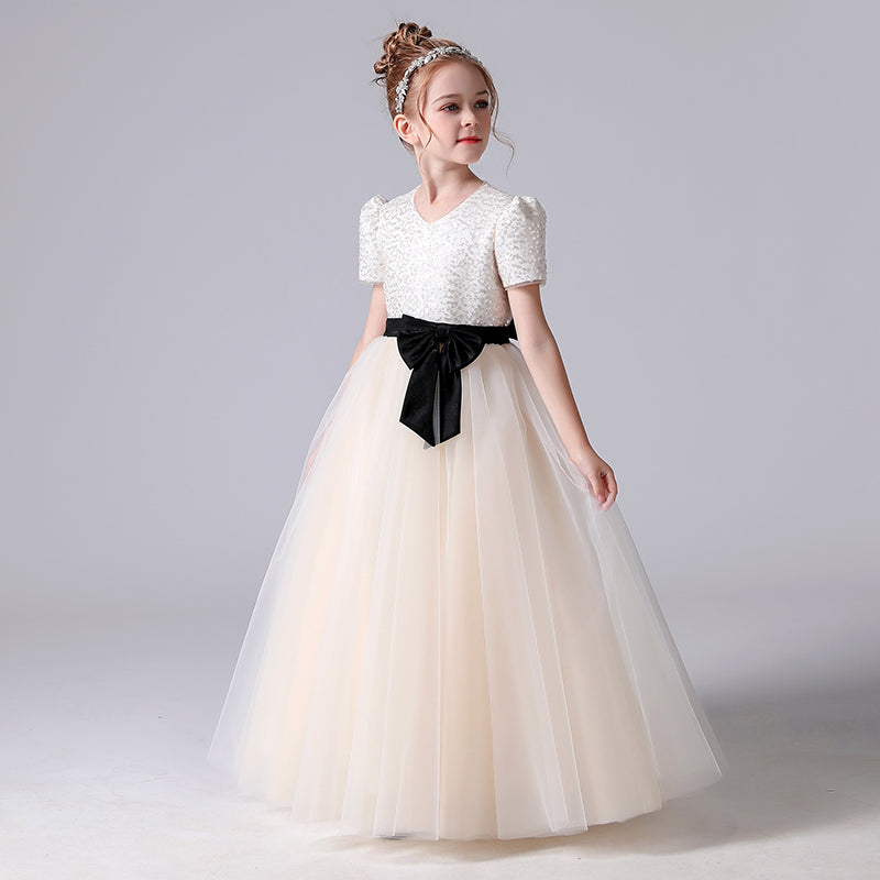Girls First Communion Dresses V-Neck Champagne Formal Dresses For Junior Sequin Birthday Party Dresses Floor Length