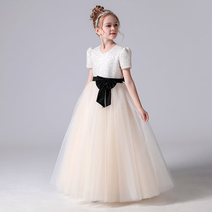 Girls First Communion Dresses V-Neck Champagne Formal Dresses For Junior Sequin Birthday Party Dresses Floor Length