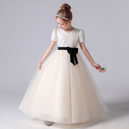 Girls First Communion Dresses V-Neck Champagne Formal Dresses For Junior Sequin Birthday Party Dresses Floor Length