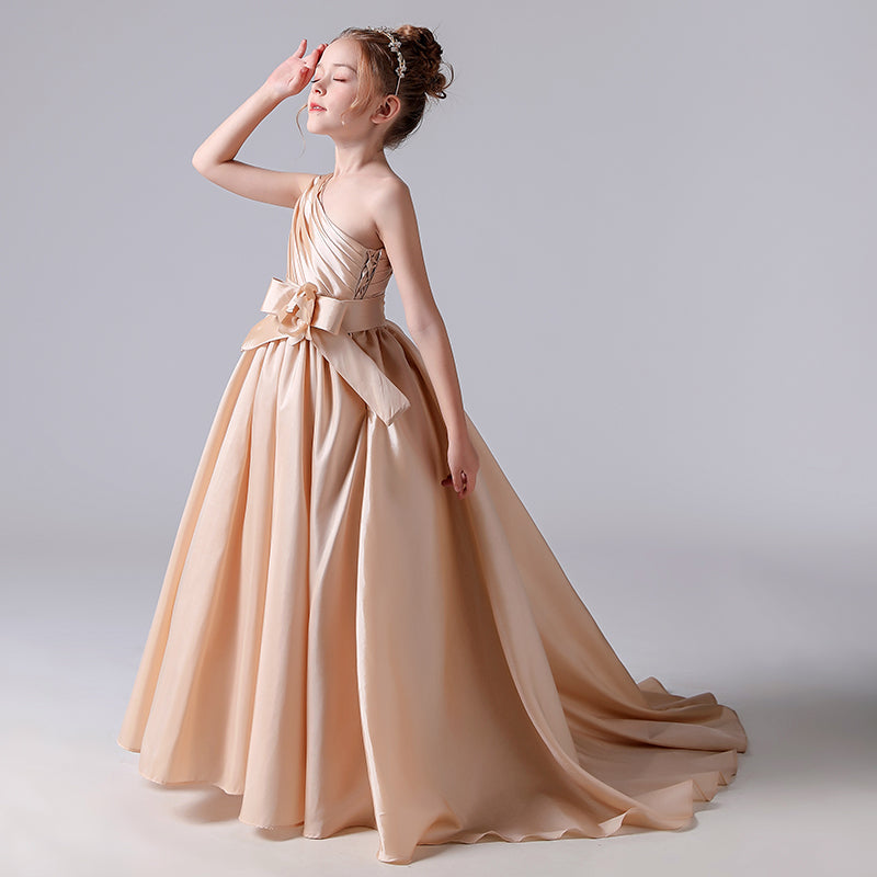 Dideyttawl Flower Girls Pageant Dresses One Shoulder Sleeveless Formal Satin Dress for Wedding Guest Princess Ball Gown Flower Belt Dress