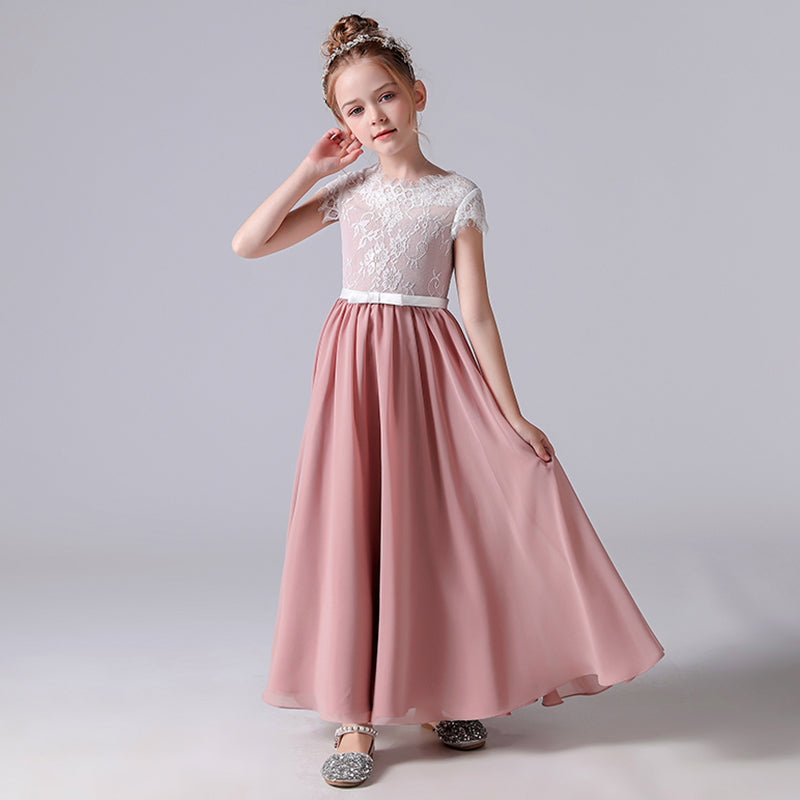 Pink Bridesmaid Dresses For Girls Chiffon Flower Girl Dresses Junior Elegant Birthday Ball Gown With Sleeves