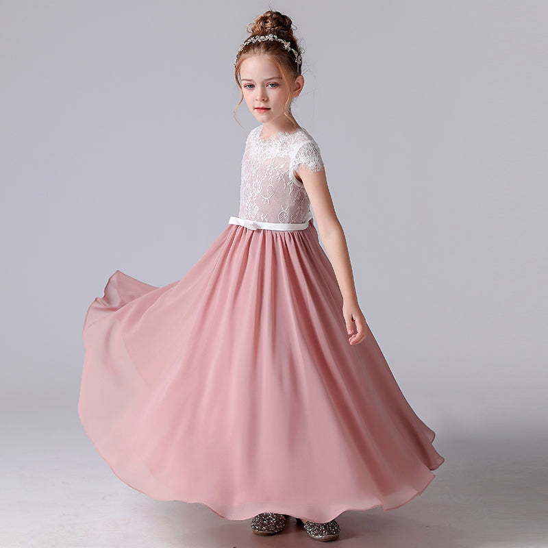 Pink Bridesmaid Dresses For Girls Chiffon Flower Girl Dresses Junior Elegant Birthday Ball Gown With Sleeves