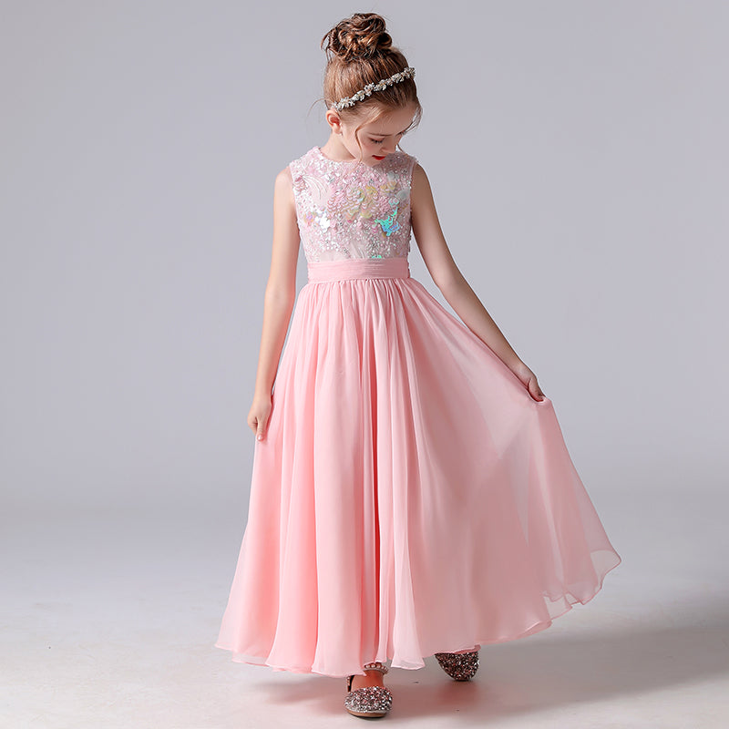 Pink Junior Bridesmaid Dress For Wedding Flower Girl Dresses Sequin Chiffon Ball Gown Sleeveless