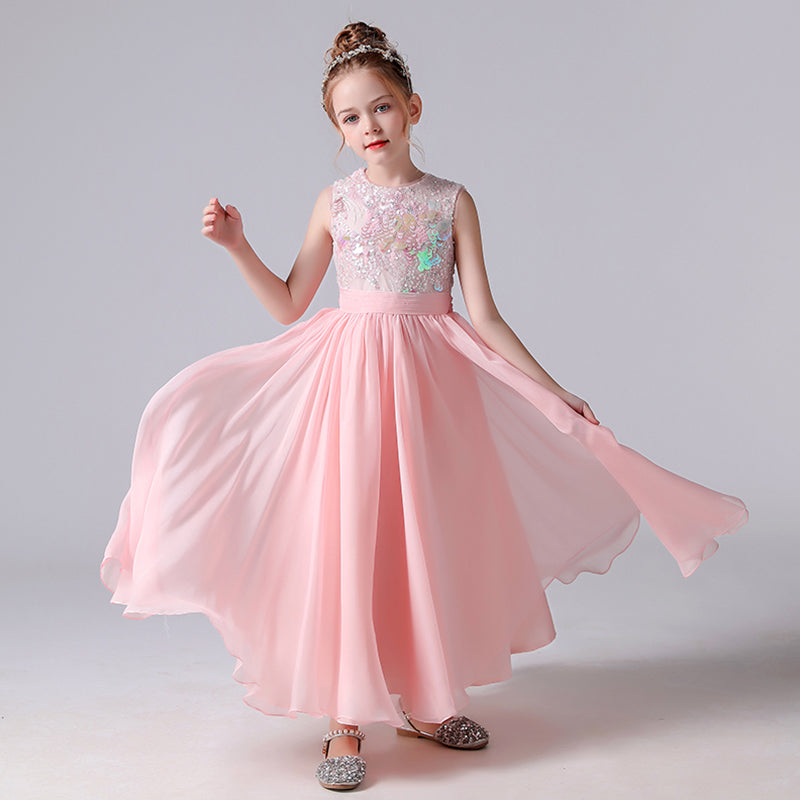 Pink Junior Bridesmaid Dress For Wedding Flower Girl Dresses Sequin Chiffon Ball Gown Sleeveless