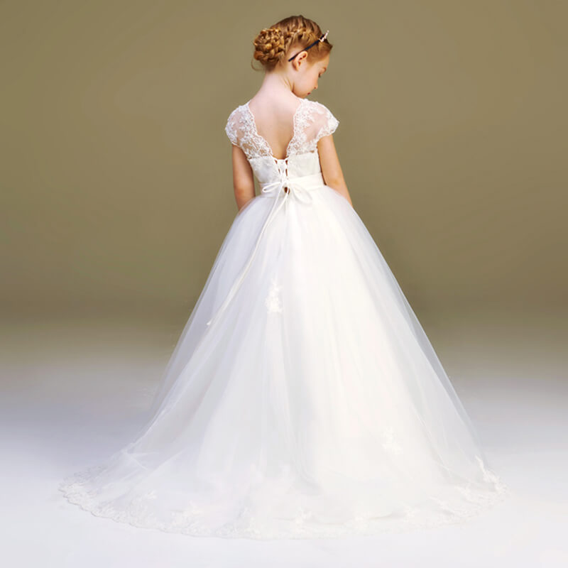 Elegant V-Neck Lace Appliques Flower Girl Dress Puff Tulle First Communion Dresses Formal Princess Dress Wedding Dress