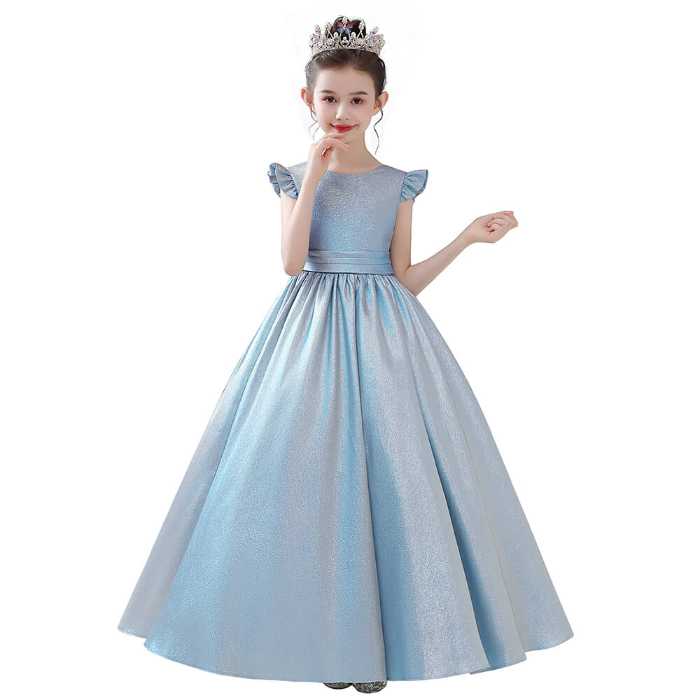 Satin Girls Formal Dress | Flutter Sleeves V Back