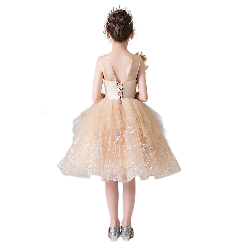 Gold Flower Girl Dress Princess Birthday Party Ball Gown Beaded Pageant Dress
