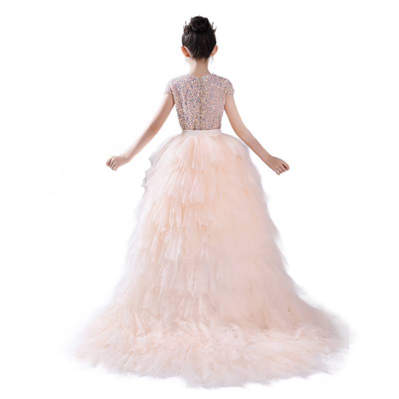 Junior Bridesmaid Dress Sequin Pageant Dress Puff Hi-Lo Birthday Party Dress For Little Girls Detachable Trailing Gown