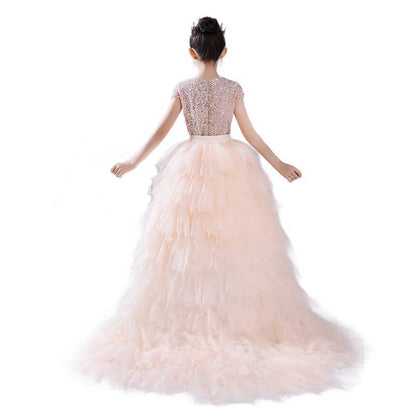 Junior Bridesmaid Dress Sequin Pageant Dress Puff Hi-Lo Birthday Party Dress For Little Girls Detachable Trailing Gown