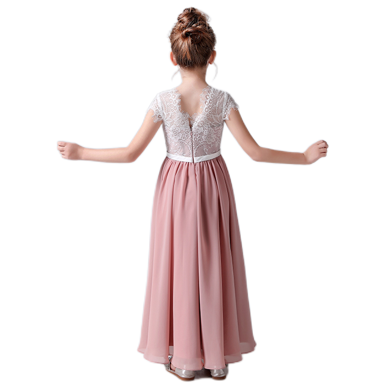 Pink Bridesmaid Dresses For Girls Chiffon Flower Girl Dresses Junior Elegant Birthday Ball Gown With Sleeves