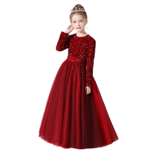 Flower Girl Dress Wedding Bridesmaid Sequins Tulle Puffy Skirt Girls Birthday Party Pageant Gown Floor Length