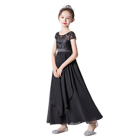 Special Occasion Dresses For Girls Black Lace Formal Dresses Junior Chiffon Ball Gown Full Length