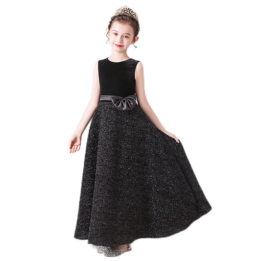 Girls Formal Dresses Black Sequin Piano Dresses For Teens Special Occasion Velvet Long Dress Sleeveless