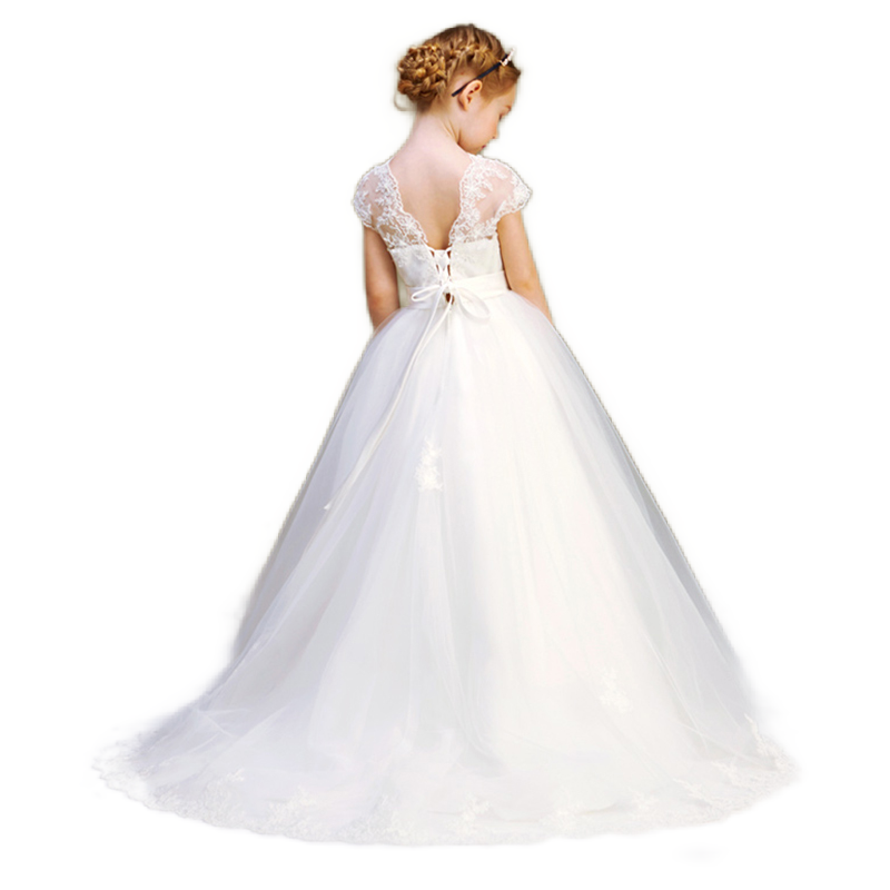 Elegant V-Neck Lace Appliques Flower Girl Dress Puff Tulle First Communion Dresses Formal Princess Dress Wedding Dress