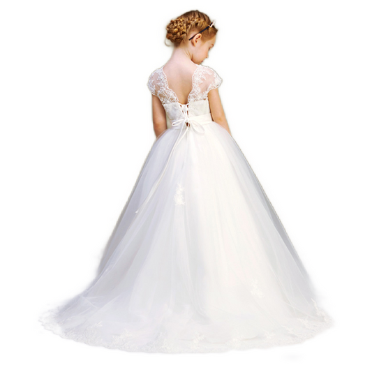 Elegant V-Neck Lace Appliques Flower Girl Dress Puff Tulle First Communion Dresses Formal Princess Dress Wedding Dress