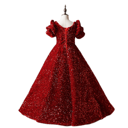 Burgundy Junior Pageant Dress Sequin Piano Performance Dress Girl Princess Ball Gown