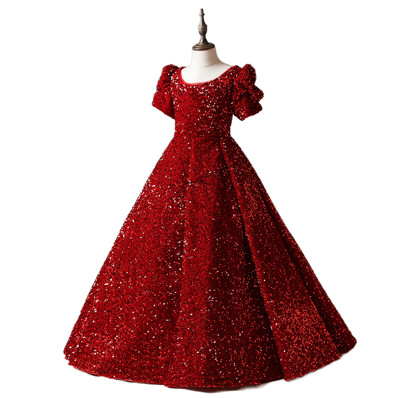 Burgundy Junior Pageant Dress Sequin Piano Performance Dress Girl Princess Ball Gown