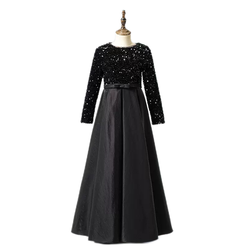 Crew Neck Long Sleeves Sequins Dresses Shining Flower Girls Dress Sparkling Piano Recital Dresses Elegant Satin Party Gown
