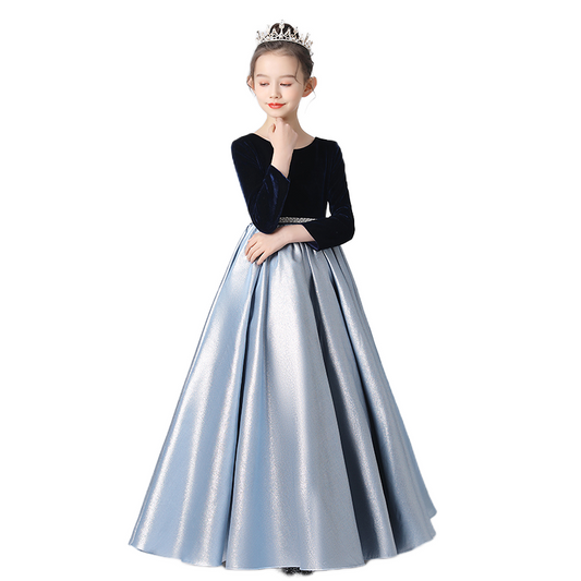 Crew Neck Girls Formal Dresses Princess Long Gown For Teen Girls Blue Pageant Evening Dresses Long Sleeve