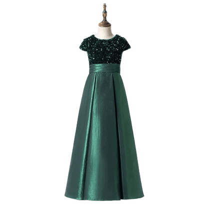 Satin Junior Bridesmaid Dresses Sequins Flower Girls Formal Crew Neck Pageant Dresses For Teens Satin Princess Brithday Party Dress