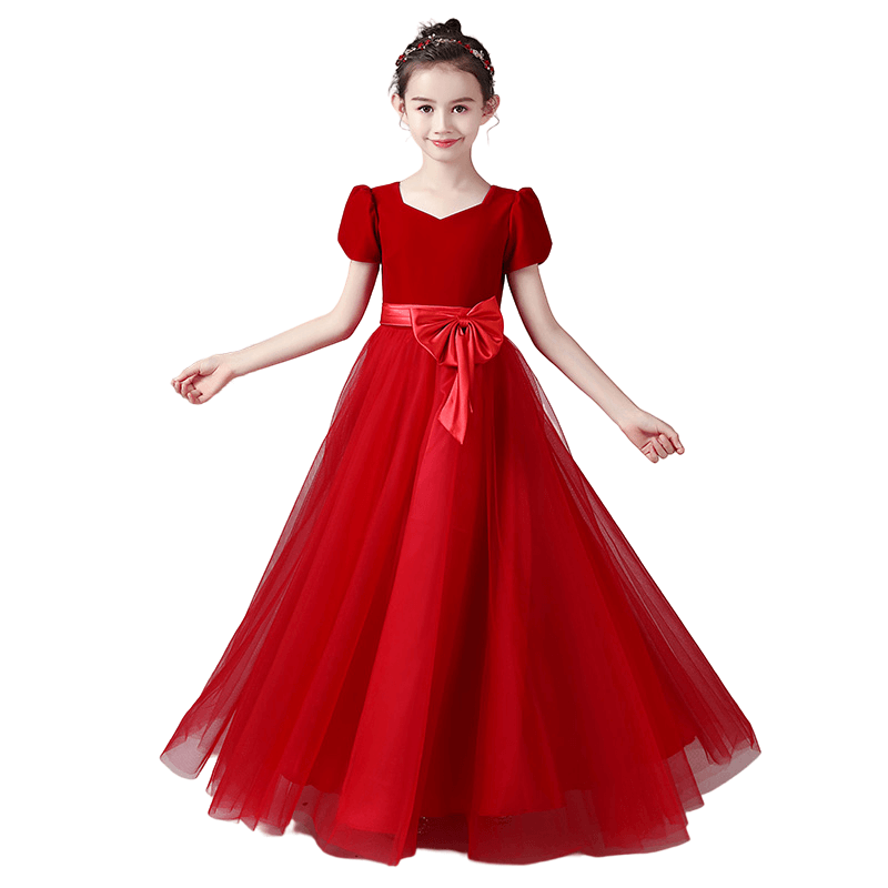 Junior Formal Dresses for Special Occasion Elegant V-Neck Party Dress Red Velvet Ball Gown with Sleeves, Red / 10 Junior Formal Dresses for Special Occasion Elegant V-Neck Party Dress Red Velvet Ball Gown with Sleeves, Red / 10