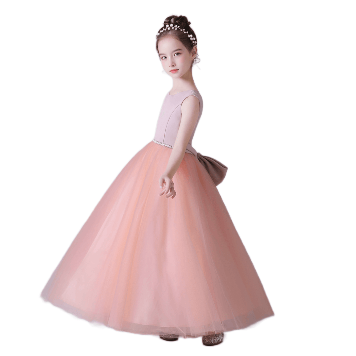 Pink V-Back Tulle Flower Girl Dress With Bow And Pearls