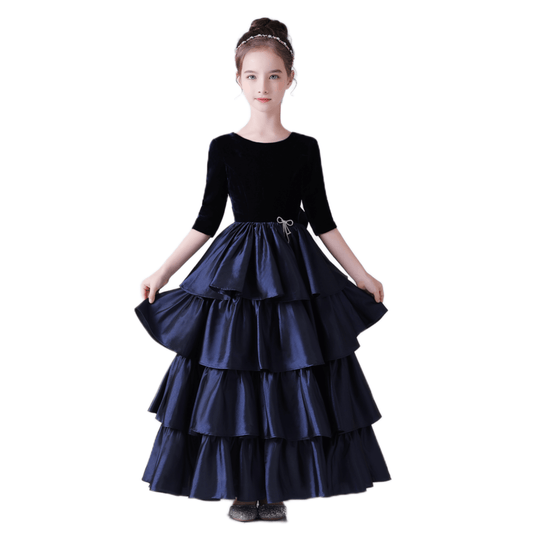 Little Girl Piano Dress Navy Blue Junior Party Cake Skirt Teen Prom Evening Dress