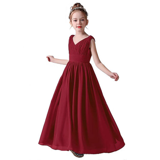 V-Neck Junior Bridesmaid Dresses For Wedding Chiffon Pageant Dress Girls Formal Occasion Dresses Full Length
