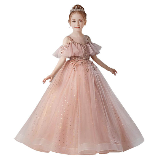 Blush Pink Beading Sequins Prom Flower Girl Dresses 2025 A-Line Princess Scoop Neck Short Sleeve Floor-Length Ball Gown
