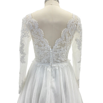 A-Line Lace Tulle Wedding Dress 2025 Boho V-Neck Appliques Bridal Gown Long Sleeve