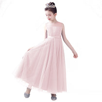 Dideyttawl Dusty Blue Sleeveless Tulle Flower Girl Dress Sheer Neck Junior Bridesmaid Gown