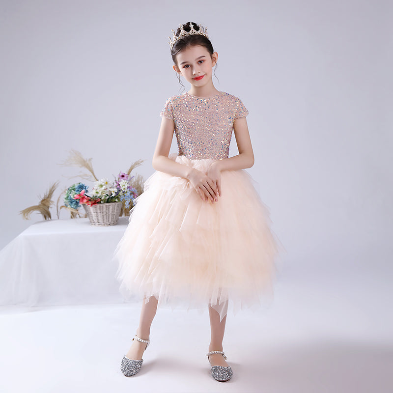 Junior Bridesmaid Dress Sequin Pageant Dress Puff Hi-Lo Birthday Party Dress For Little Girls Detachable Trailing Gown