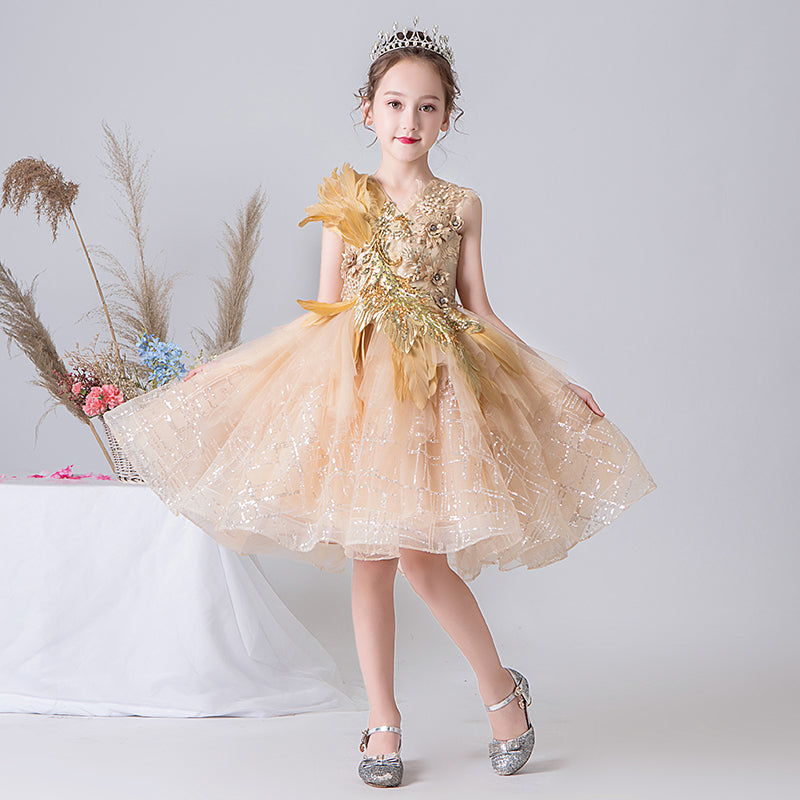Gold Flower Girl Dress Princess Birthday Party Ball Gown Beaded Pageant Dress