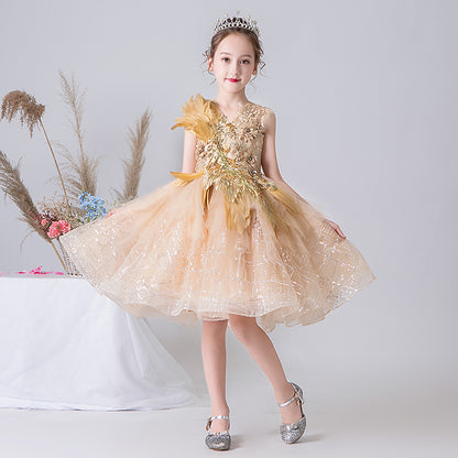 Gold Flower Girl Dress Princess Birthday Party Ball Gown Beaded Pageant Dress