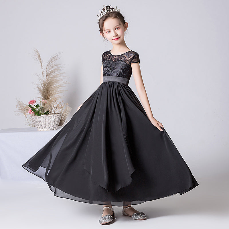 Special Occasion Dresses For Girls Black Lace Formal Dresses Junior Chiffon Ball Gown Full Length