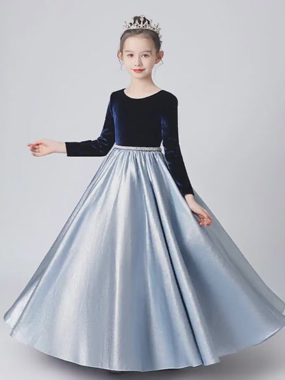 Crew Neck Girls Formal Dresses Princess Long Gown For Teen Girls Blue Pageant Evening Dresses Long Sleeve